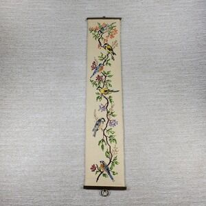 Vintage Crewel Needlework Crosstich Birds Vines Wall Hanging Pantry Butler Pull